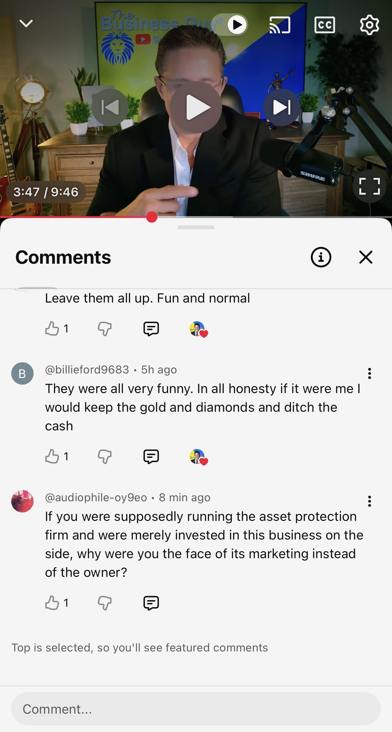 Screenshot of deleted comment on Business Guy's response video